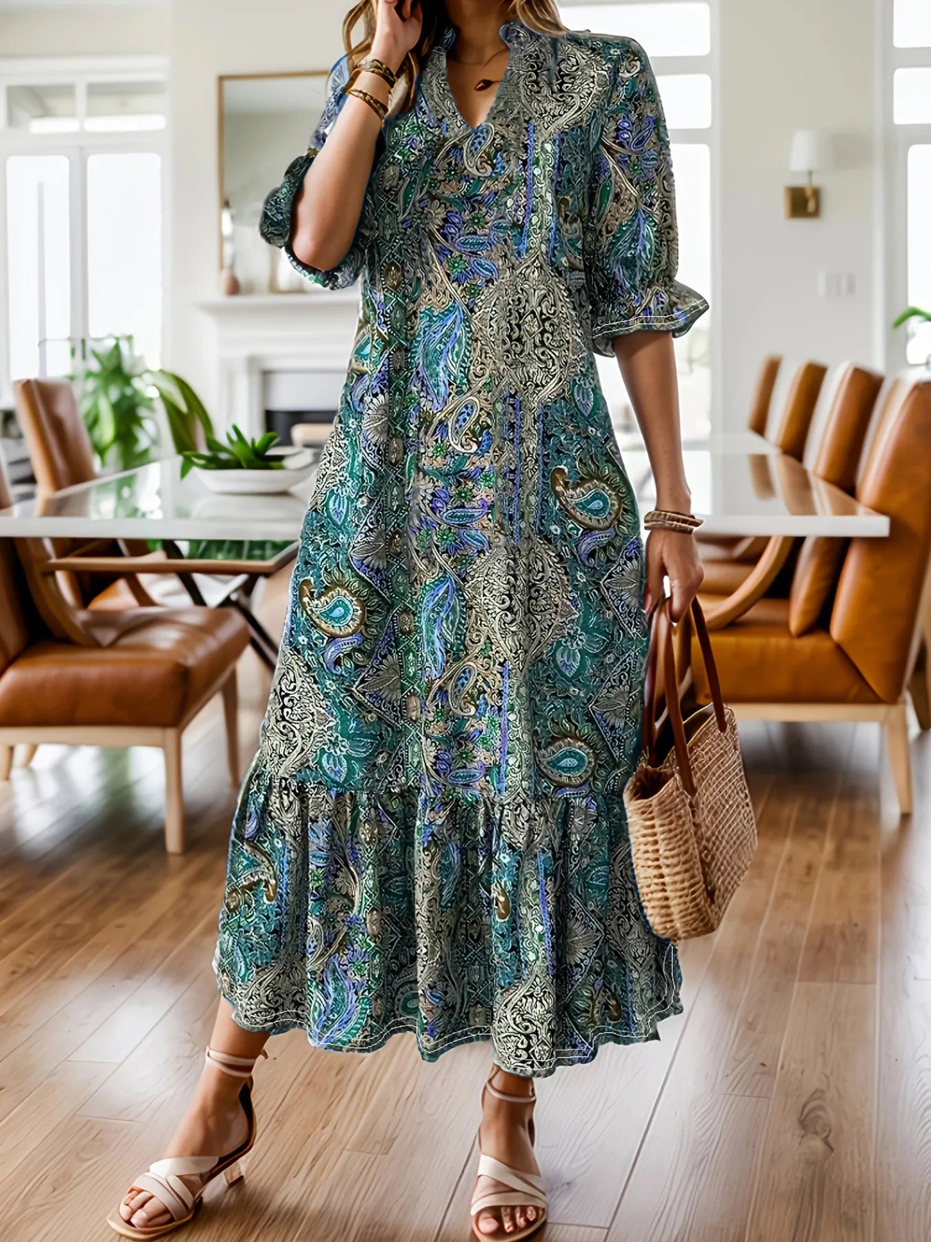 Bohemian Paisley Ruffle Hem Midi Dress – Plus Size | Minimalist Streetwear | Craftklart