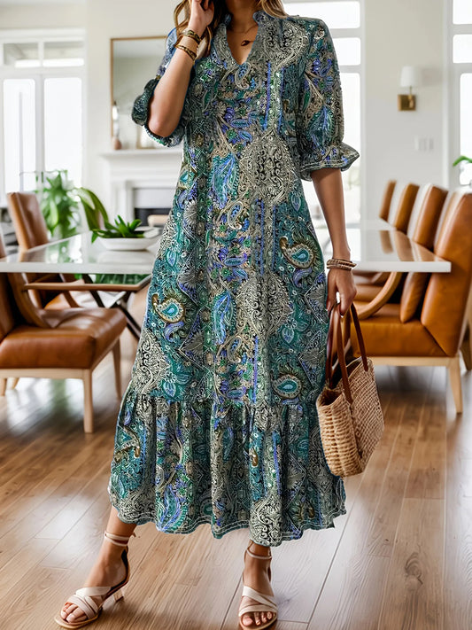 Bohemian Paisley Ruffle Hem Midi Dress – Plus Size | Minimalist Streetwear | Craftklart