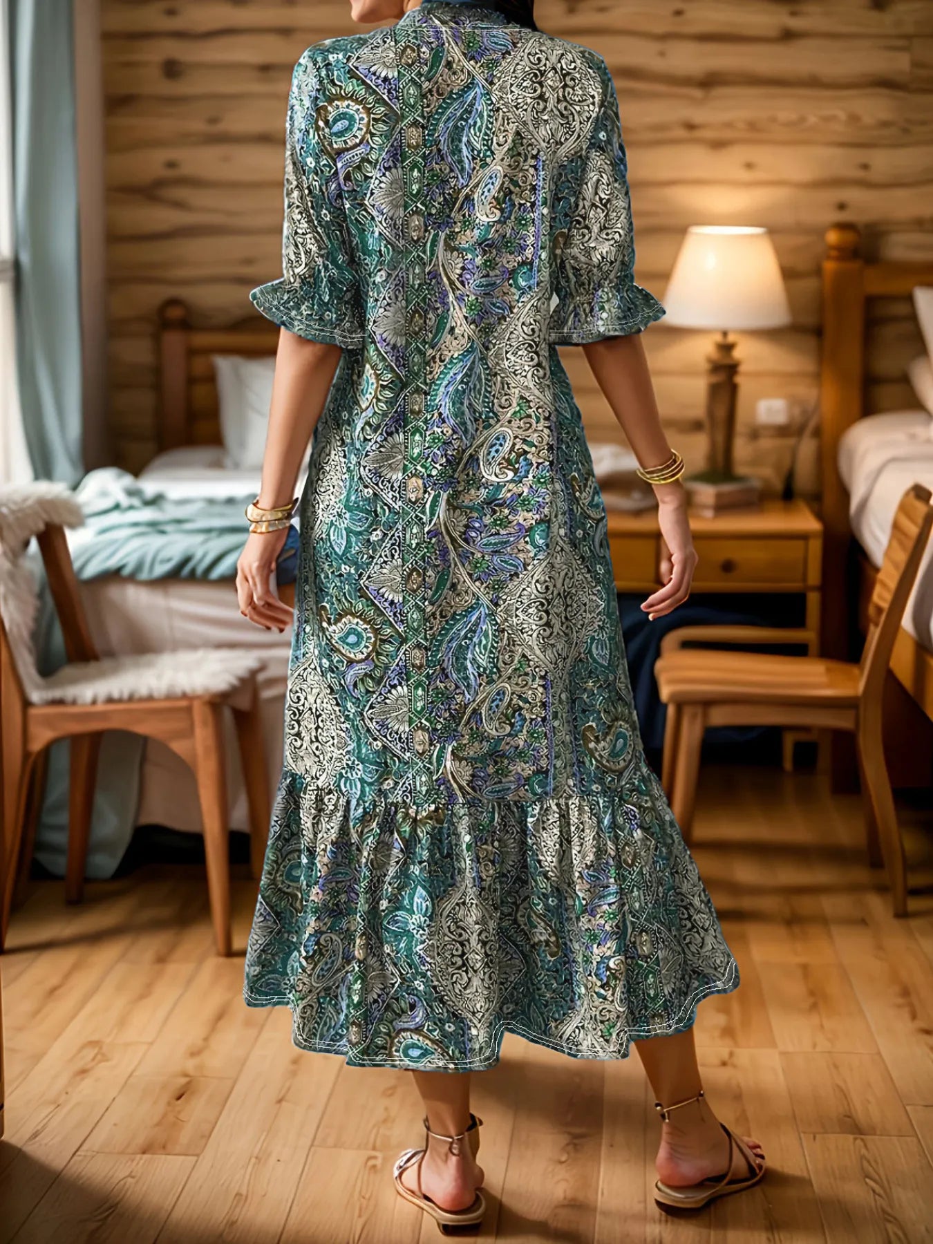 Bohemian Paisley Ruffle Hem Midi Dress – Plus Size | Minimalist Streetwear | Craftklart