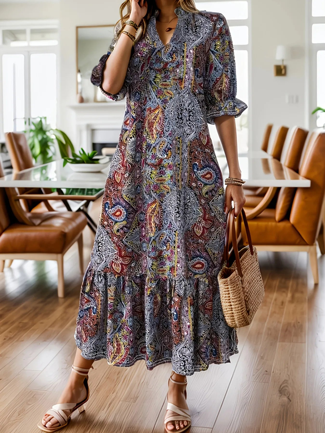 Bohemian Paisley Ruffle Hem Midi Dress – Plus Size | Minimalist Streetwear | Craftklart