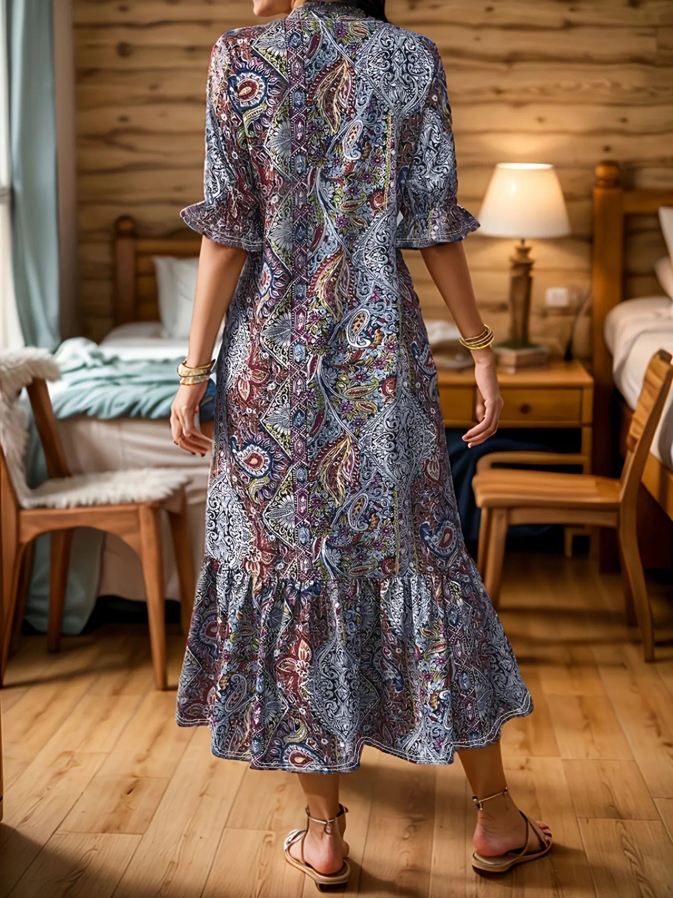Bohemian Paisley Ruffle Hem Midi Dress – Plus Size | Minimalist Streetwear | Craftklart