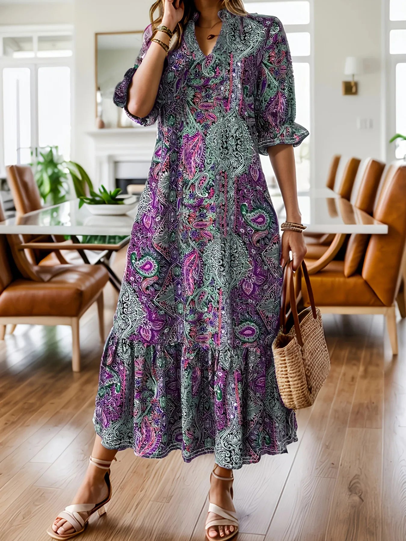 Bohemian Paisley Ruffle Hem Midi Dress – Plus Size | Minimalist Streetwear | Craftklart