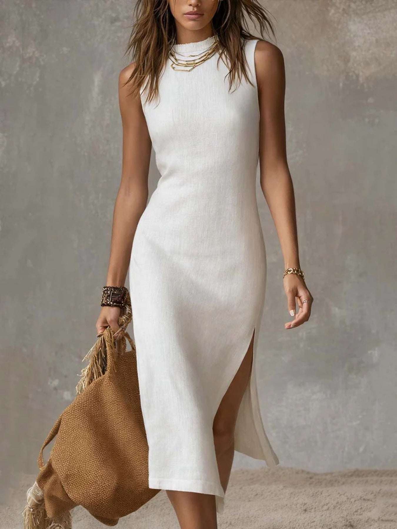 Full Size Sleeveless Mock Neck Slit Midi Dress Plus Size | Minimalist Streetwear | Craftklart