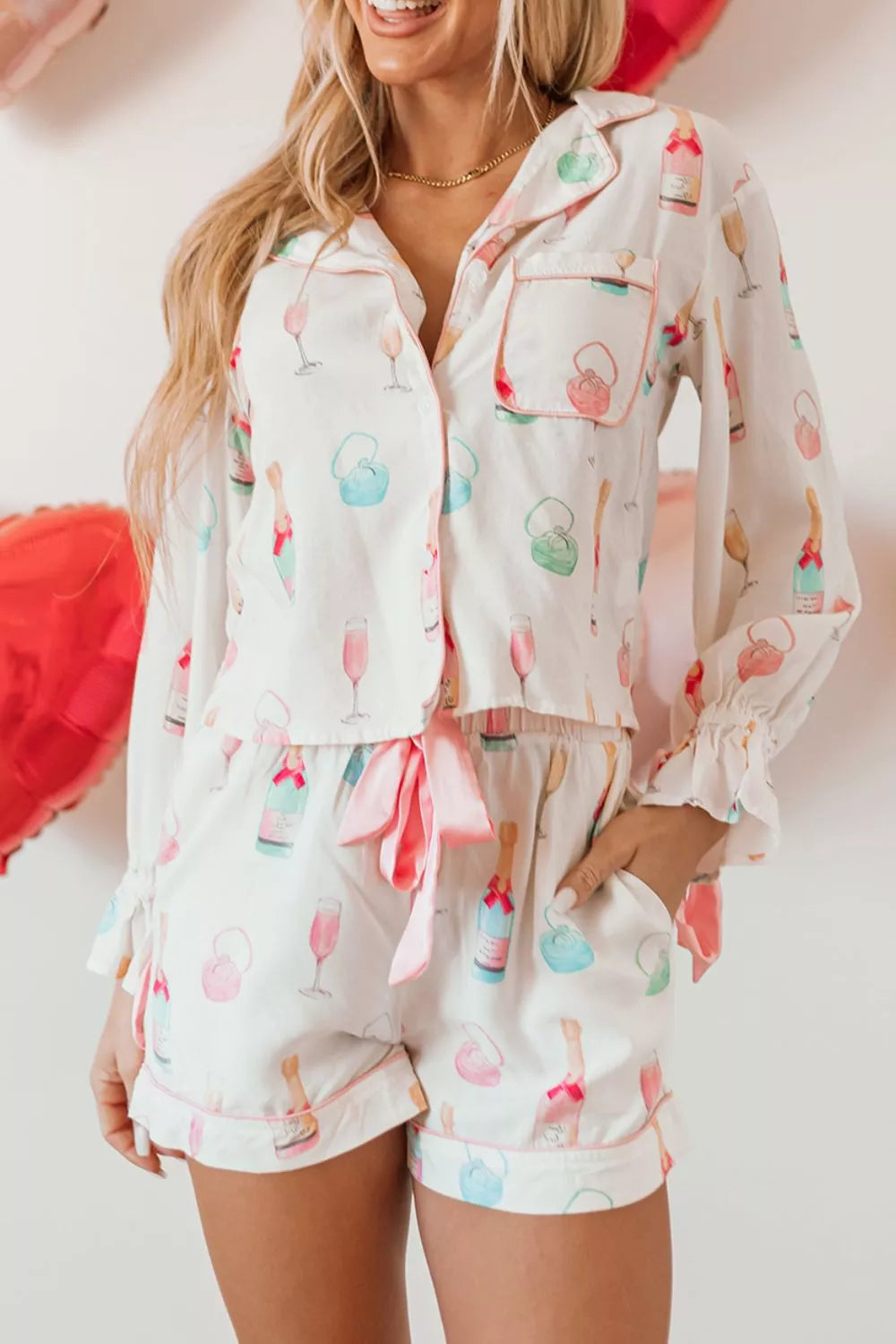 Women's Bow Print Lounge Set – Collared Top & Drawstring Shorts Co-Ord | Minimalist Streetwear | Craftklart