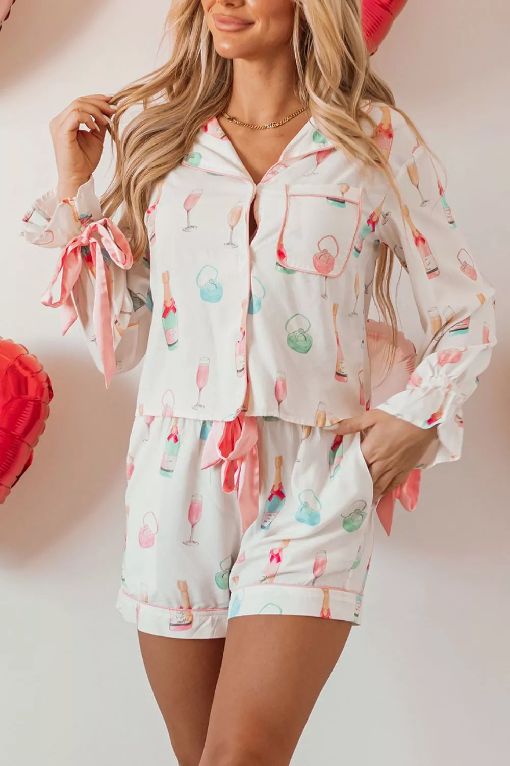 Women's Bow Print Lounge Set – Collared Top & Drawstring Shorts Co-Ord | Minimalist Streetwear | Craftklart