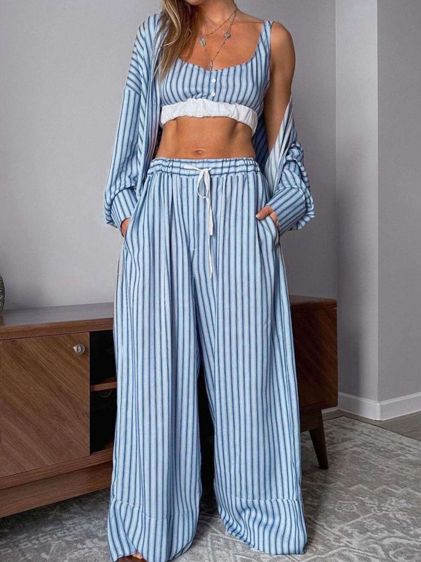 Striped Cami & Shirt And Pants Lounge Set | Minimalist Streetwear | Craftklart