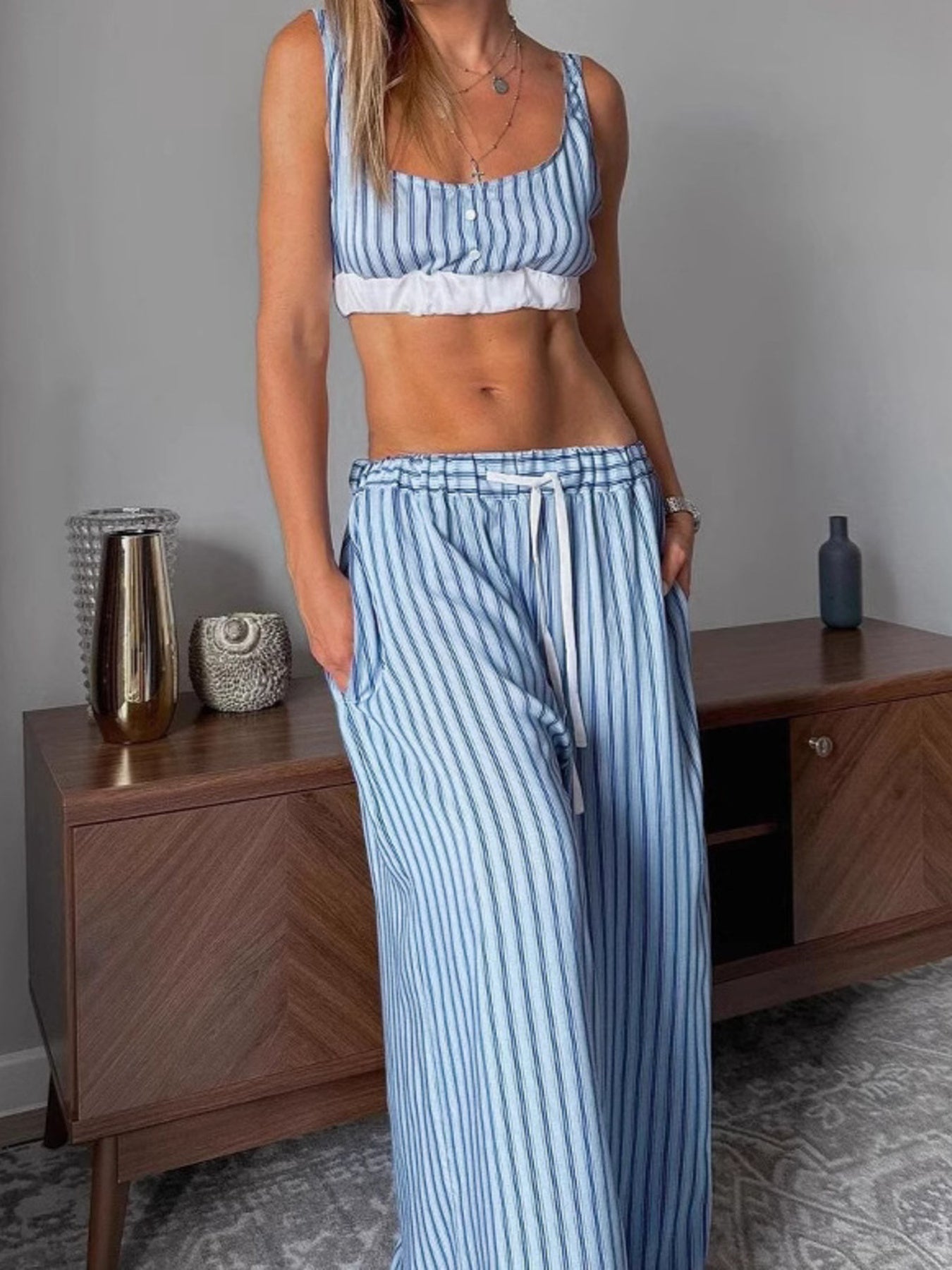 Striped Cami & Shirt And Pants Lounge Set | Minimalist Streetwear | Craftklart