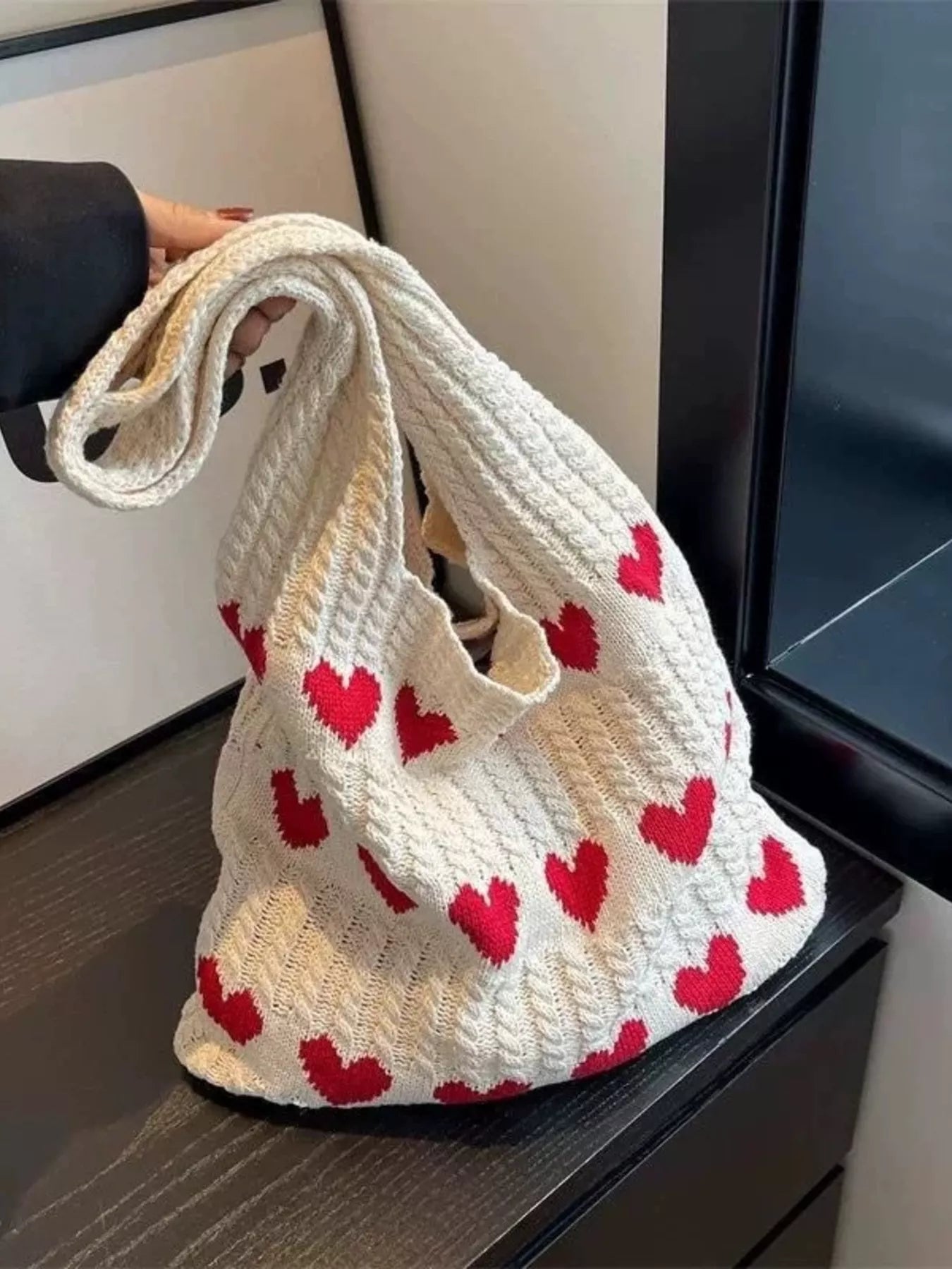 Heart Pattern Knitted Handbag | Cute Crochet Tote Bag | Minimalist Streetwear | Craftklart