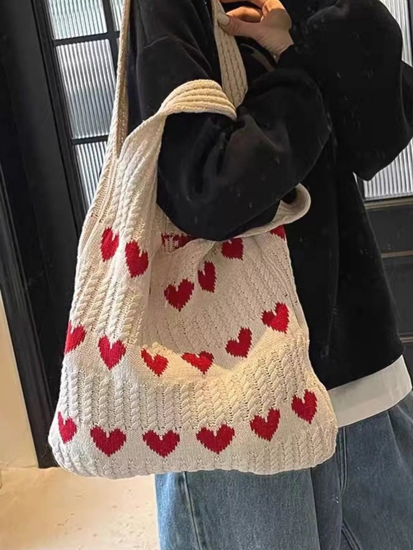 Heart Pattern Knitted Handbag | Cute Crochet Tote Bag | Minimalist Streetwear | Craftklart