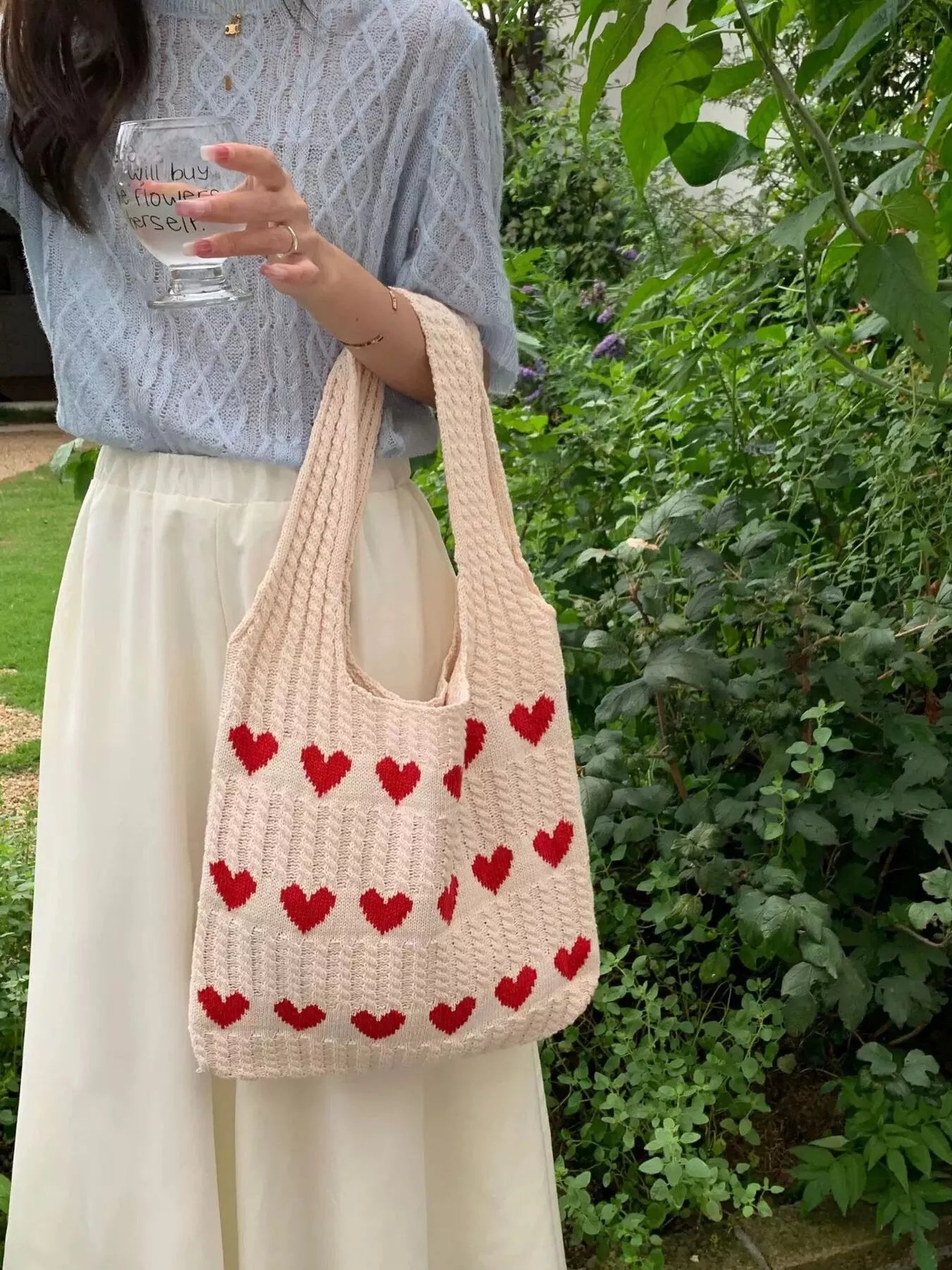 Heart Pattern Knitted Handbag | Cute Crochet Tote Bag | Minimalist Streetwear | Craftklart