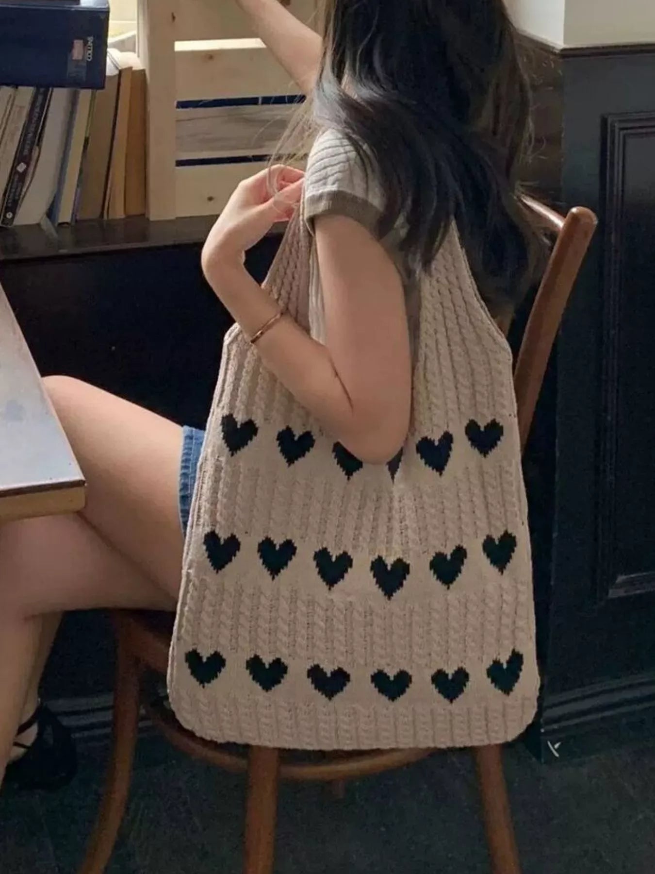 Heart Pattern Knitted Handbag | Cute Crochet Tote Bag | Minimalist Streetwear | Craftklart
