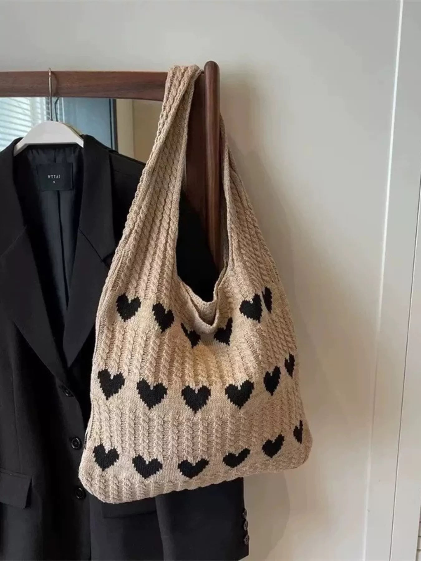 Heart Pattern Knitted Handbag | Cute Crochet Tote Bag | Minimalist Streetwear | Craftklart