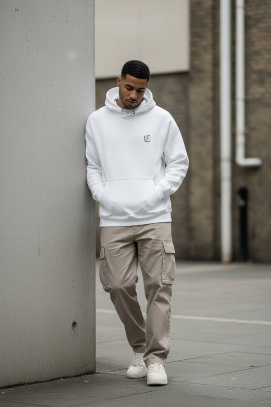 White unisex Eco Raglan street casual hoodie by Craftklart, featuring a comfortable fit and minimalist design.