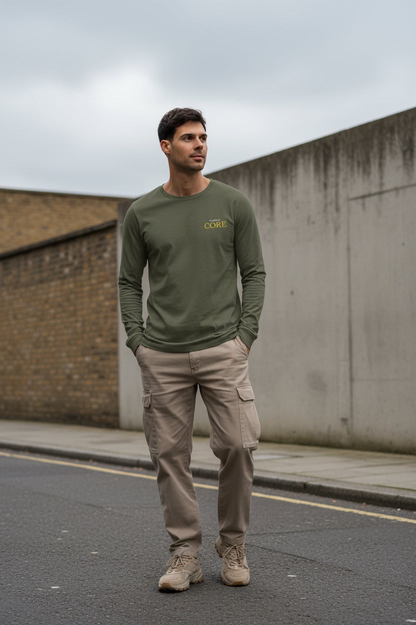 Urban Fashion Craftklart CORE unisex military green long sleeve tee, front view showing casual streetwear style.