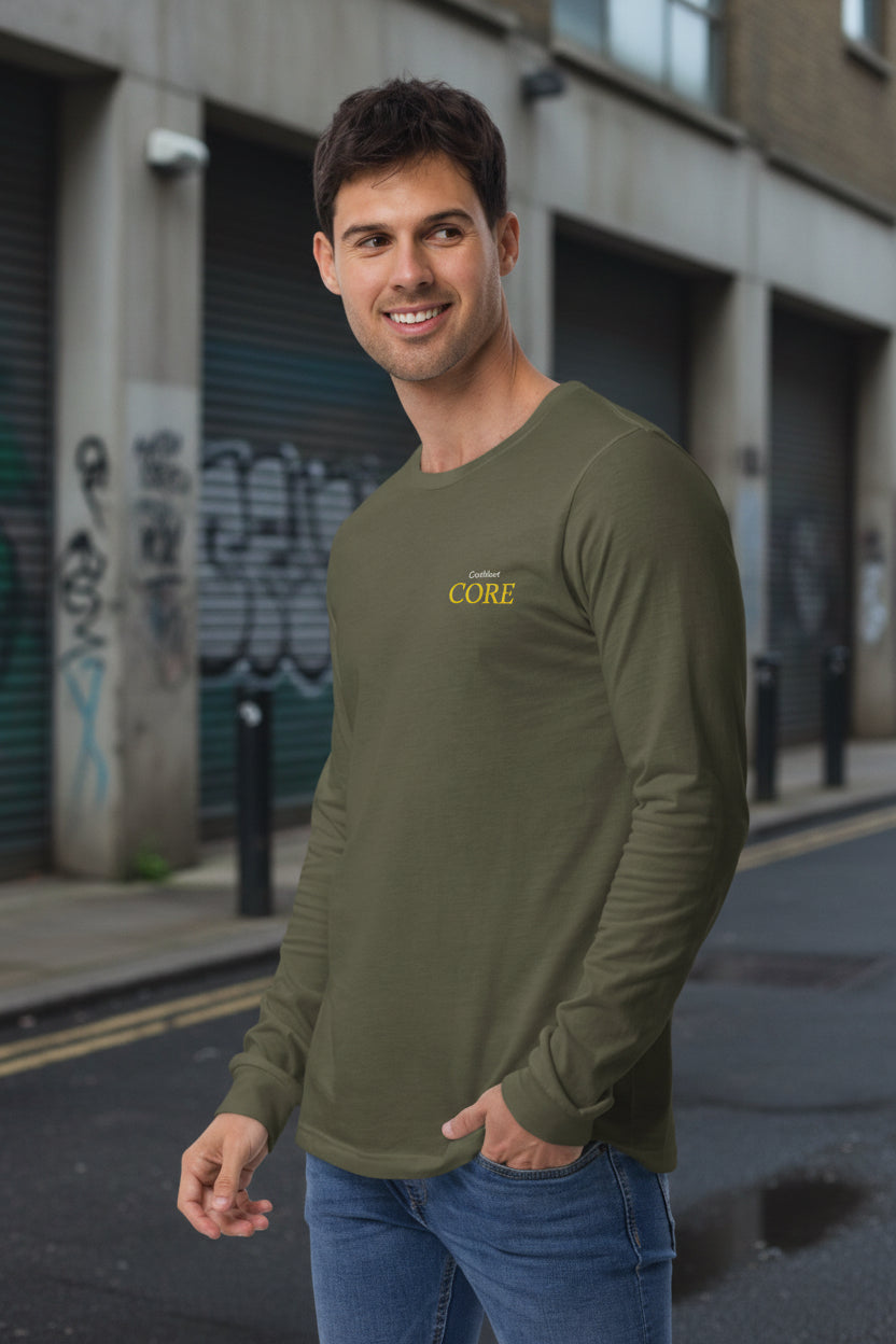 Unisex Craftklart CORE military green long sleeve tee, front view, casual streetwear style, soft fabric and relaxed fit.