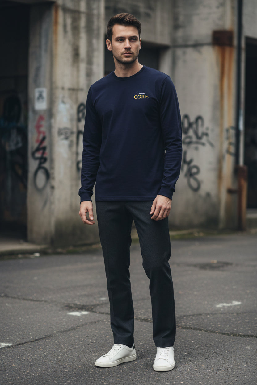 Navy Craftklart CORE unisex long sleeve tee with front logo, casual streetwear style, made for comfortable everyday wear.