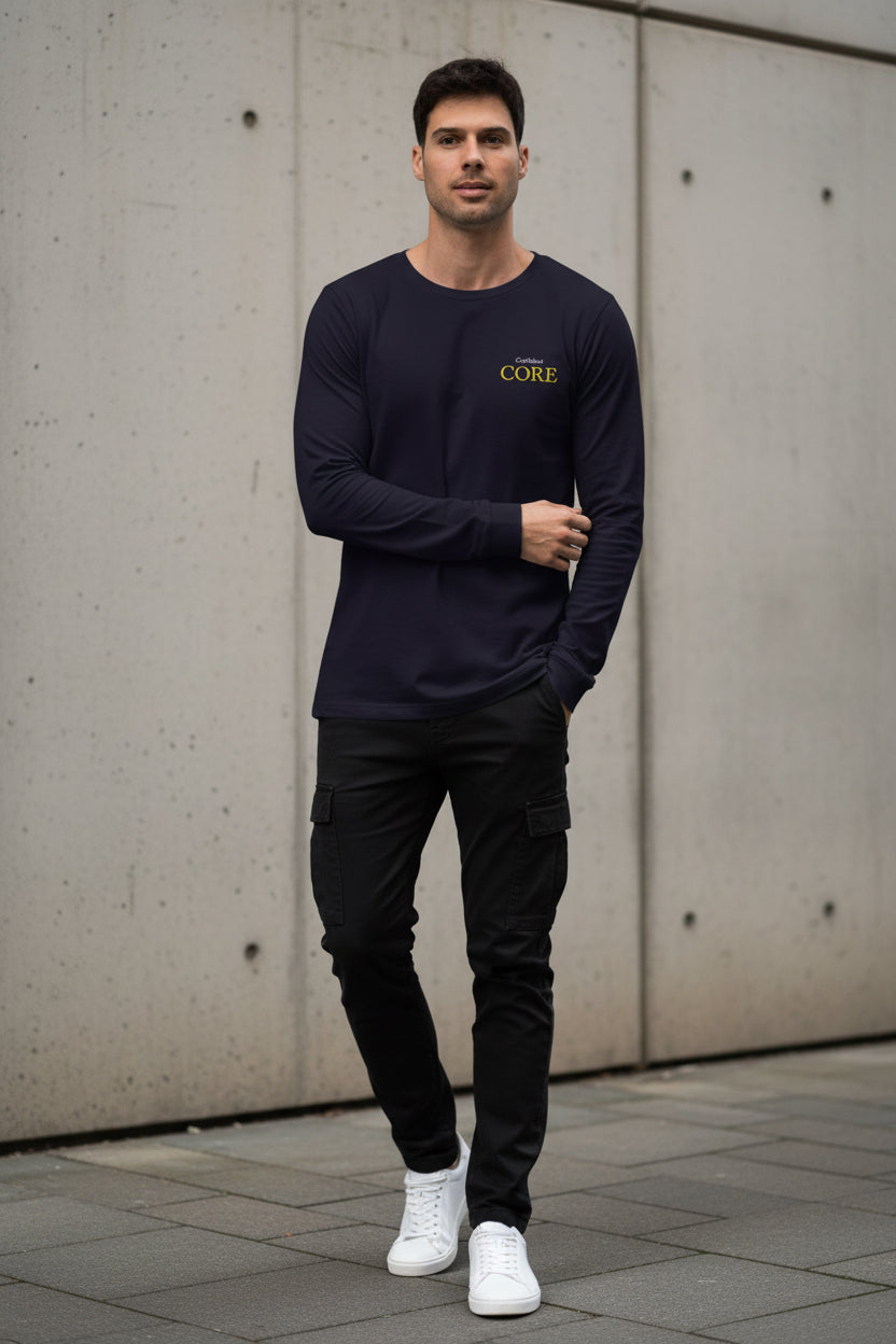 Navy Craftklart CORE unisex long sleeve tee, front view showing minimalist design and comfortable fit.