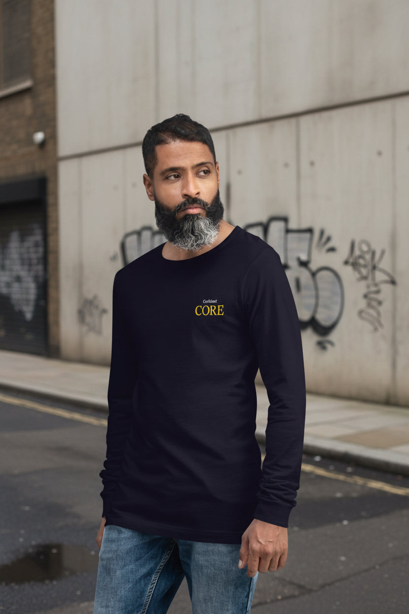 Navy Craftklart CORE unisex long sleeve tee with crew neck, front view showing soft cotton fabric and minimalist design.