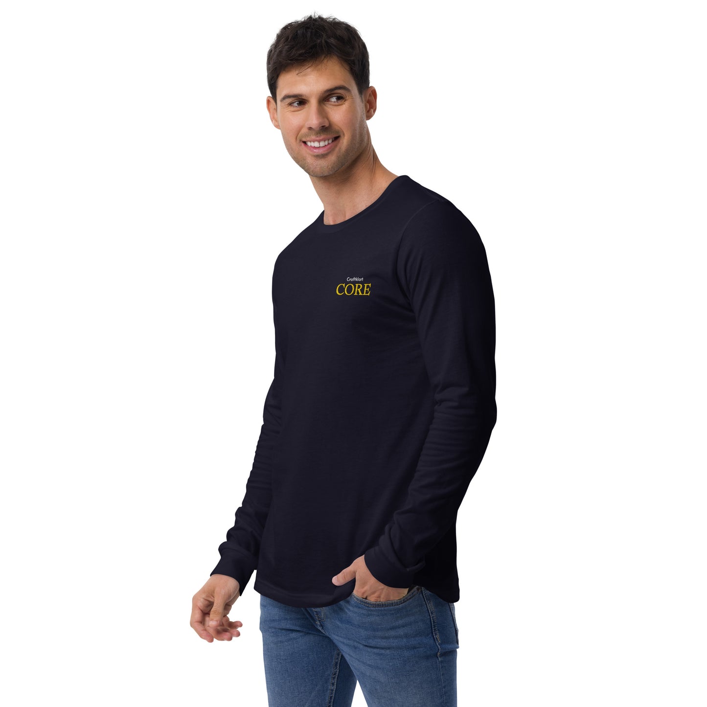 Navy Craftklart CORE unisex long sleeve tee with a crew neck and minimal design, shown from the left front view.