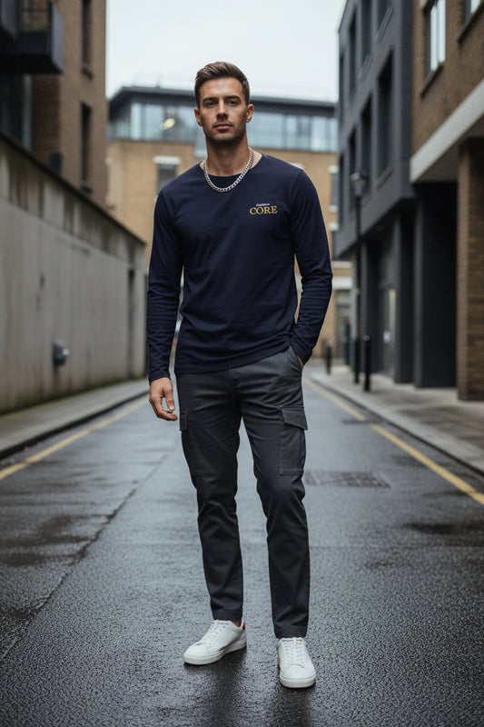 Navy Craftklart CORE unisex long sleeve tee, close-up view showing soft fabric and fitted style, ideal for casual streetwear.