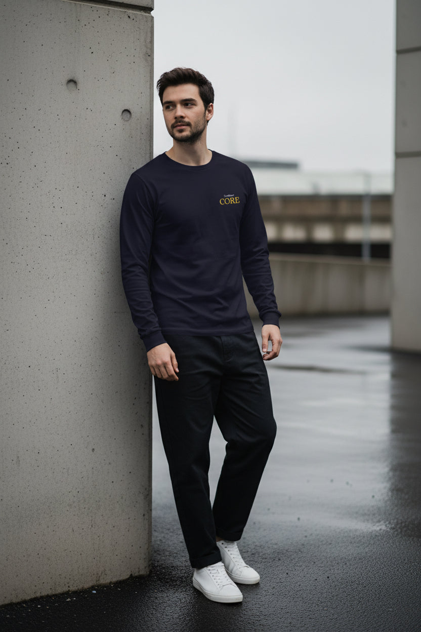Navy Craftklart CORE unisex long sleeve tee featuring a simple crew neck and snug fit, ideal for casual streetwear style.