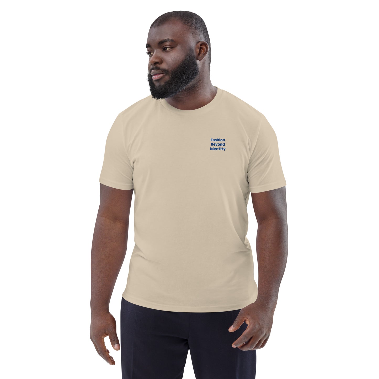 Unisex Fashion Beyond Identity Organic Cotton T-shirt in desert dust color, featuring a clean front design by Urban Fashion & Streetwear.