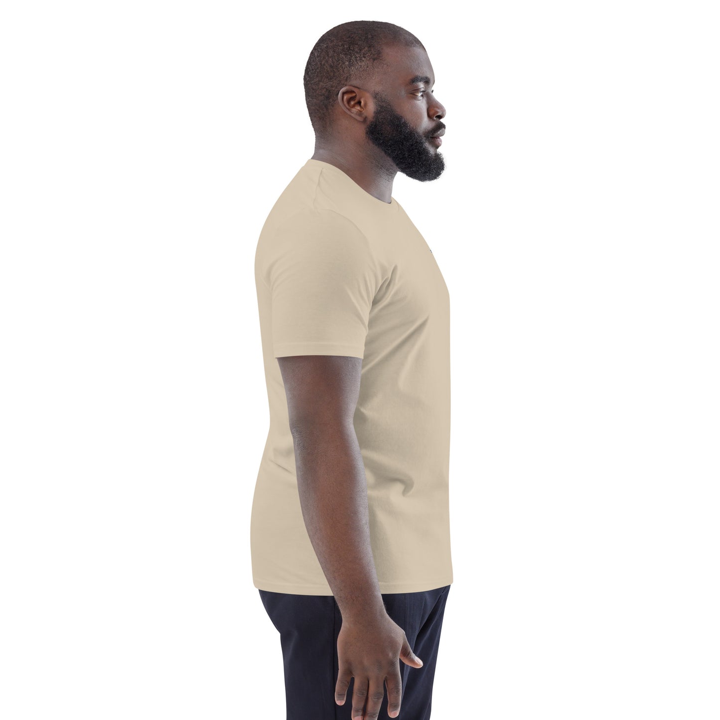 Unisex Fashion Beyond Identity Organic Cotton T-shirt in desert dust color, featuring a casual streetwear style and minimalist design.