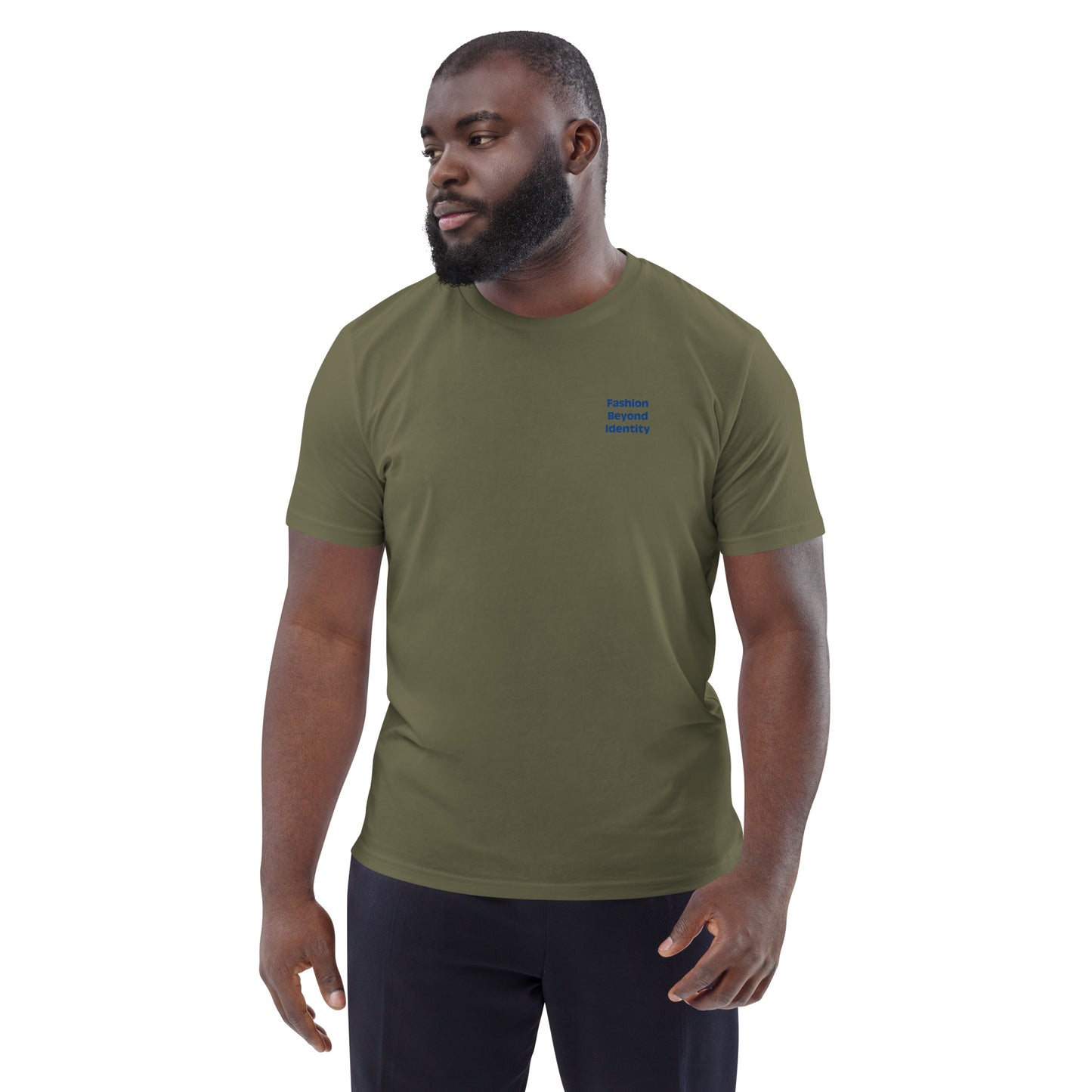 Unisex khaki Organic Cotton T-shirt by Fashion Beyond Identity (FBI) with minimalist design, front view showcasing soft fabric.