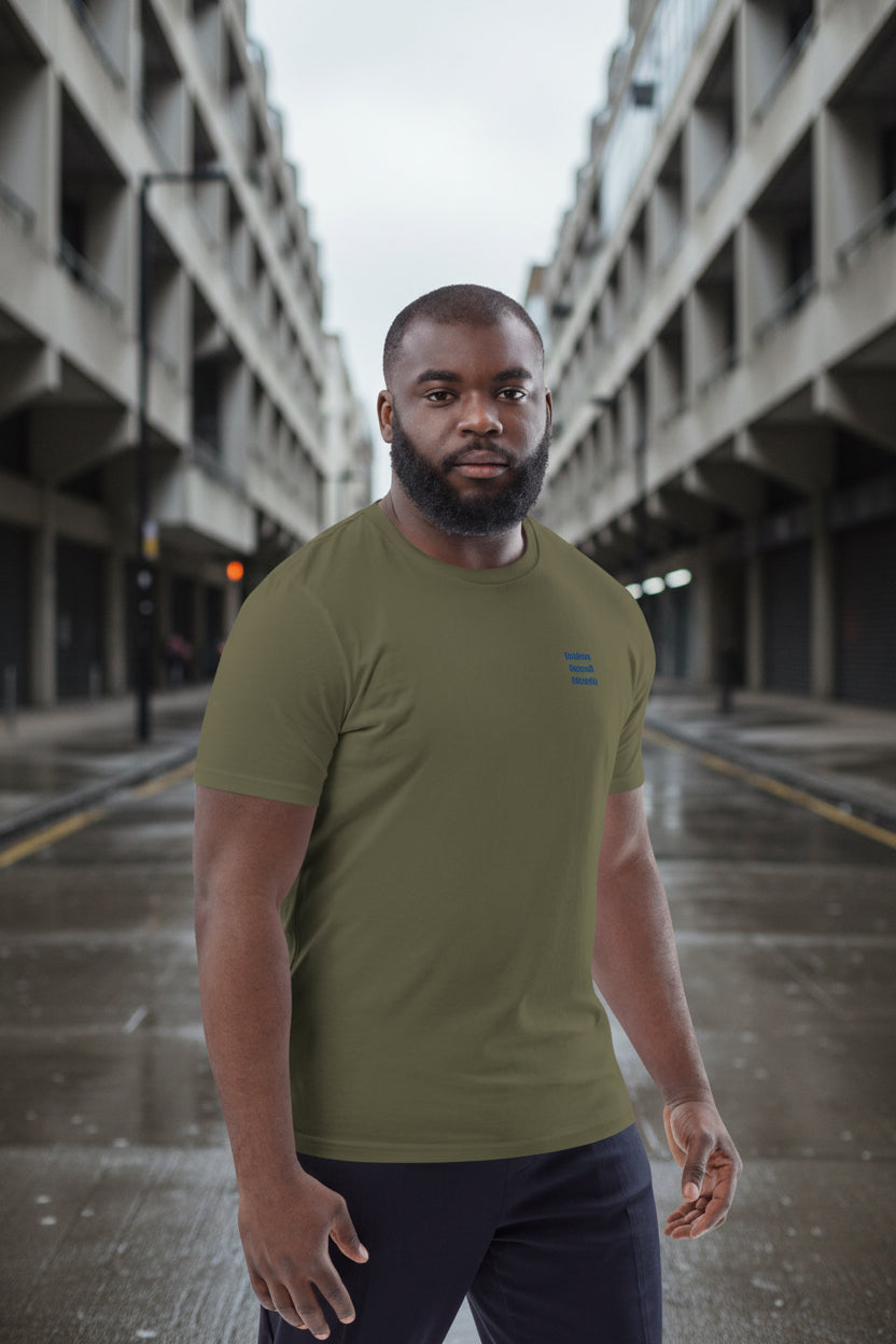 Unisex khaki Organic Cotton T-shirt from Fashion Beyond Identity (FBI) by Urban Fashion & Streetwear, right front view.