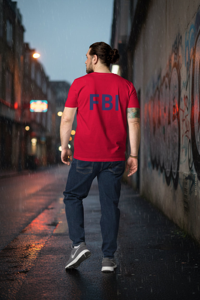 Red unisex Organic Cotton T-shirt from Fashion Beyond Identity (FBI) by Urban Fashion & Streetwear, shown from the back.