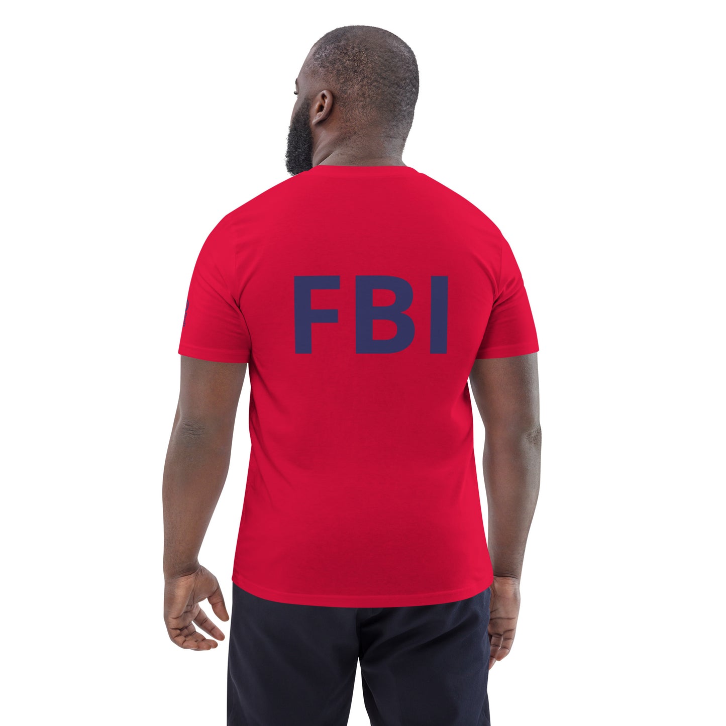 Unisex red Organic Cotton FBI T-Shirt by Urban Fashion & Streetwear, showing back design and comfortable fit.