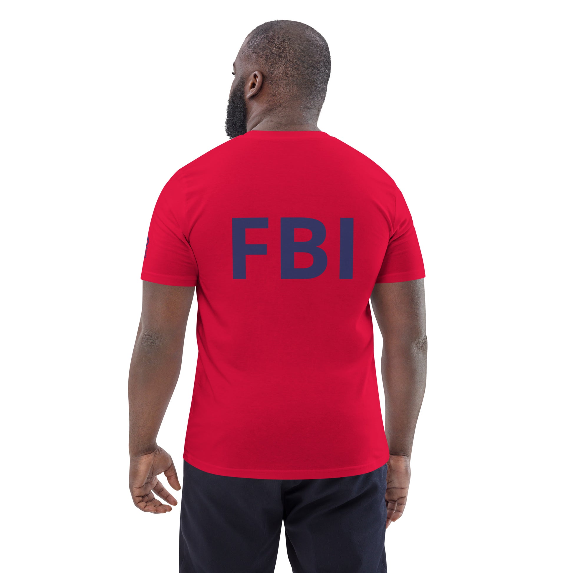 Unisex red Organic Cotton FBI T-Shirt by Urban Fashion & Streetwear, showing back design and comfortable fit.