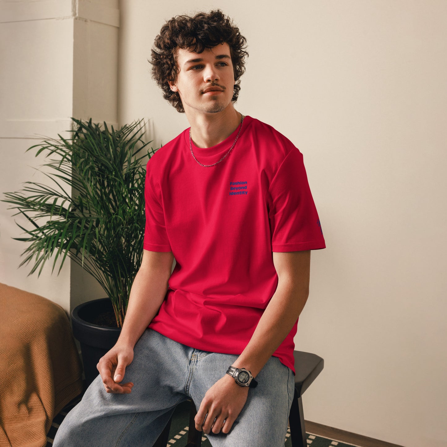 Red unisex Organic Cotton T-Shirt from Fashion Beyond Identity (FBI) by Urban Fashion & Streetwear, front view with logo design.