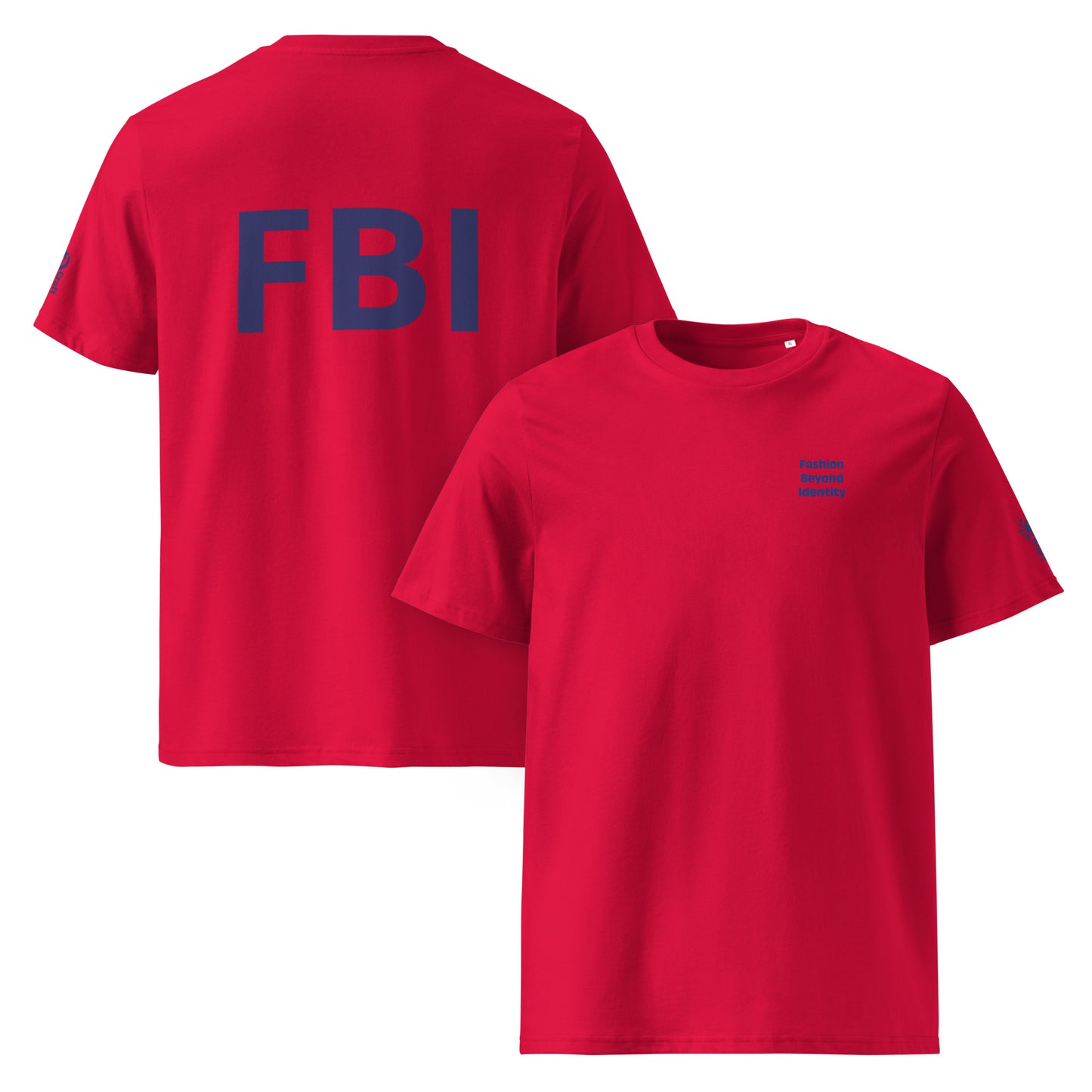 Unisex red Organic Cotton FBI T-Shirt by Urban Fashion & Streetwear, front and back view showing logo and fit.