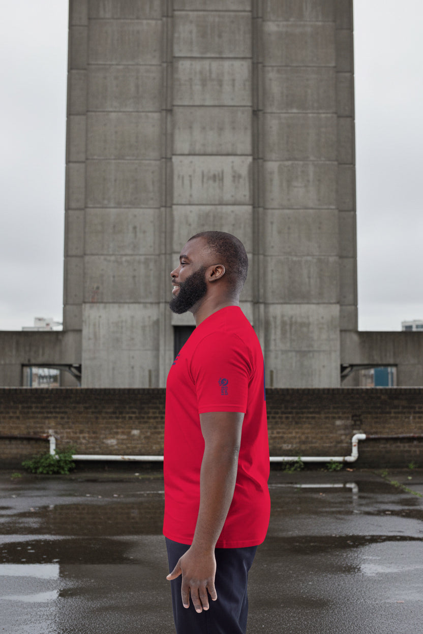 Unisex red Organic Cotton T-Shirt from Fashion Beyond Identity (FBI) by Urban Fashion & Streetwear, featuring a casual fit and graphic design.