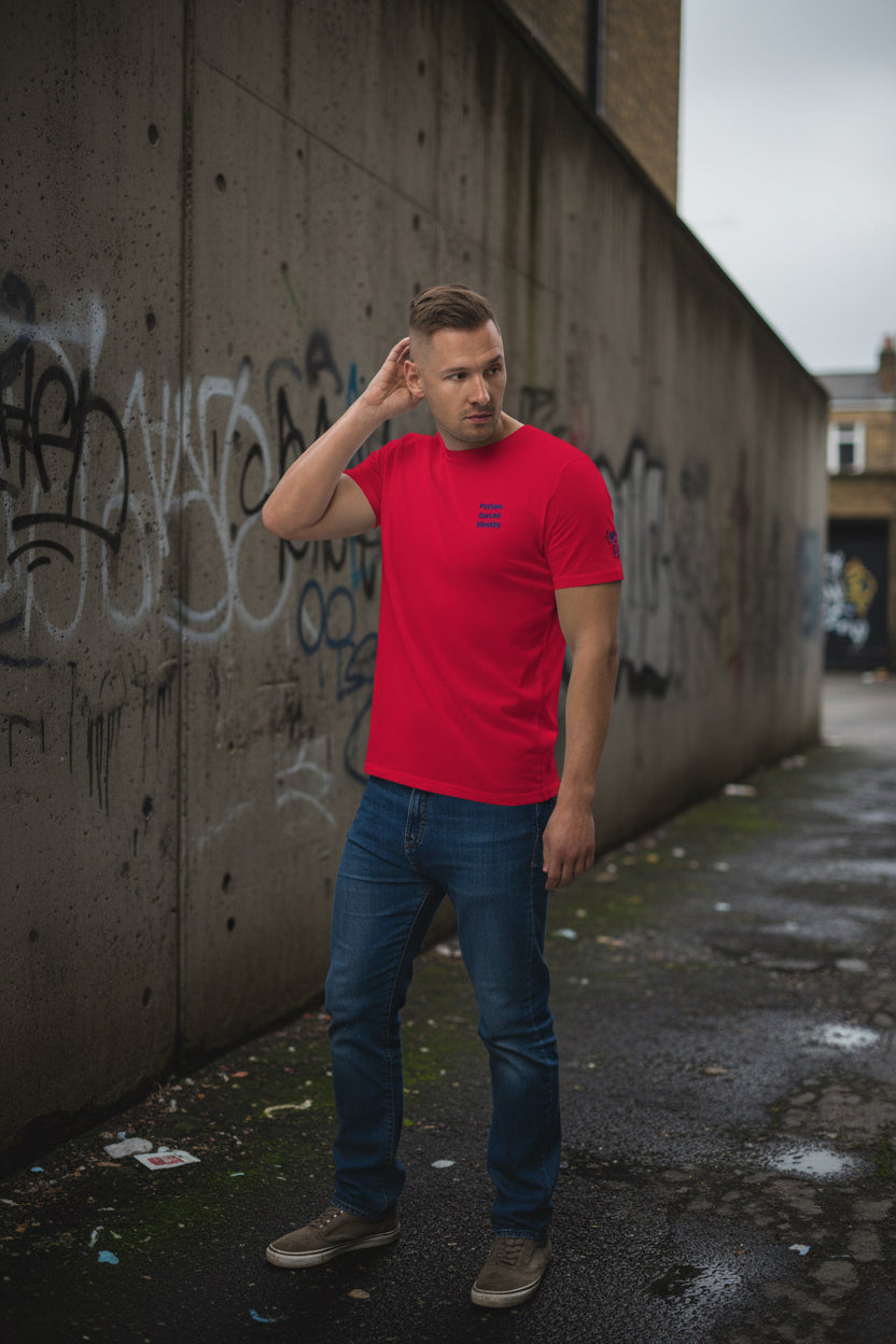 Red unisex Organic Cotton FBI T-shirt from Urban Fashion & Streetwear by Craftklart, featuring a front view design.