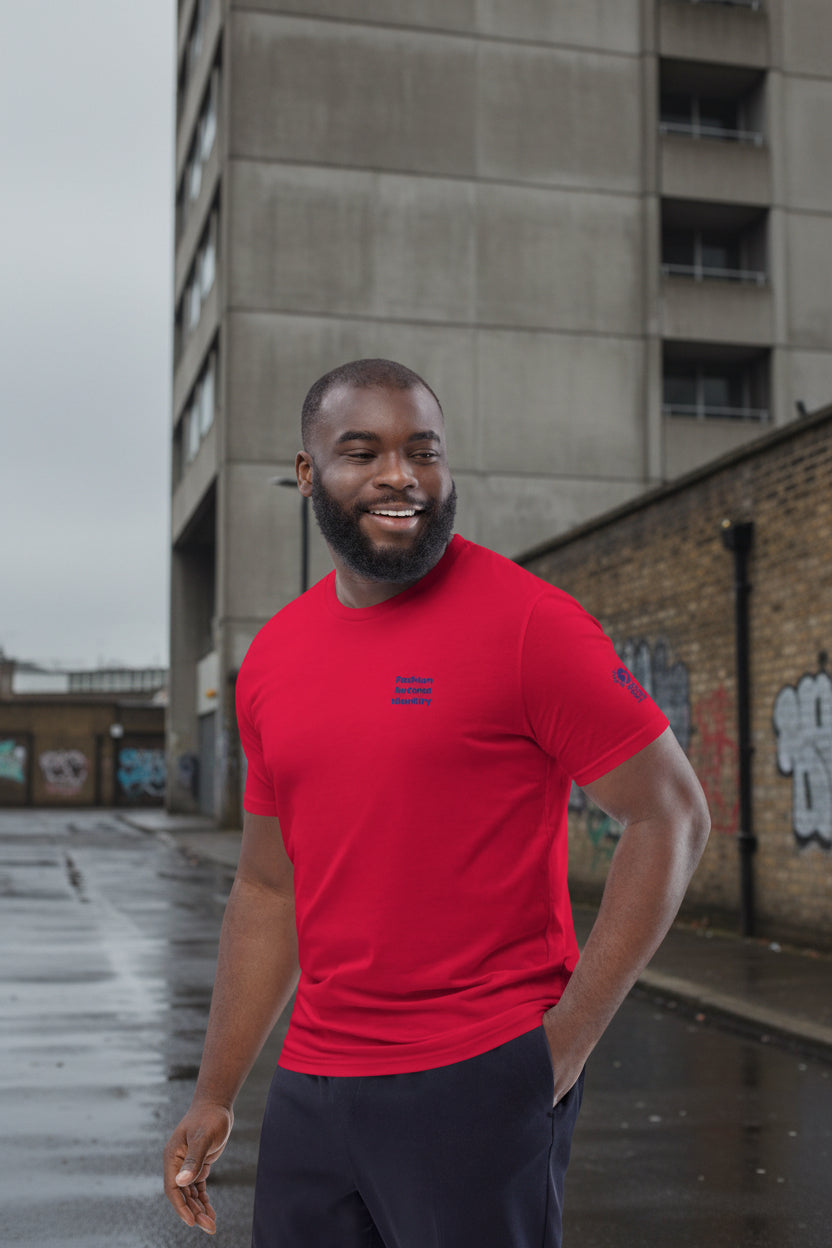 Unisex red organic cotton T-shirt with Fashion Beyond Identity (FBI) logo, featuring a casual streetwear style and comfortable fit.