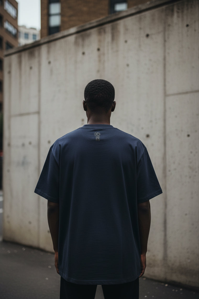 Unisex oversized Shadow High Neck T-shirt in French Navy made of organic cotton, featuring a high neckline and relaxed fit.