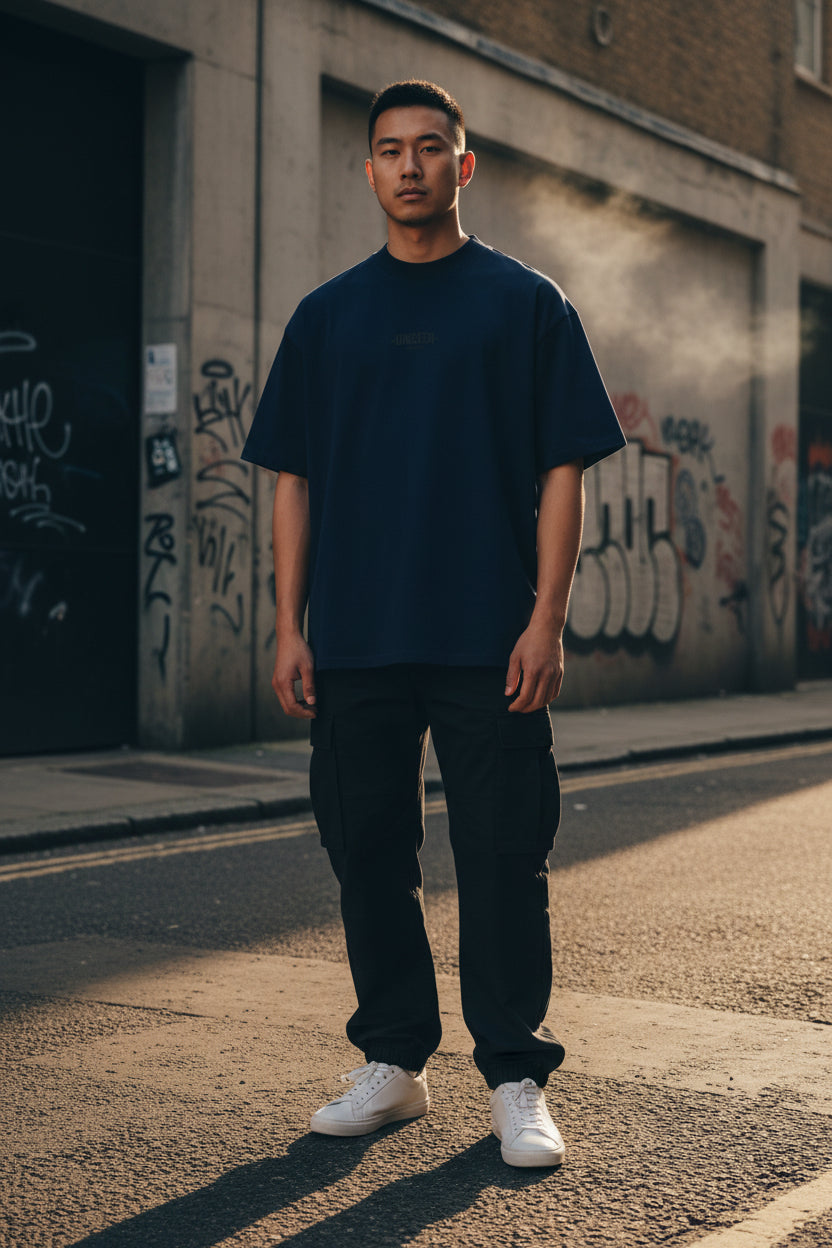 Unisex oversized Shadow High Neck Tee in organic cotton, navy color, featuring a high neckline and relaxed fit.