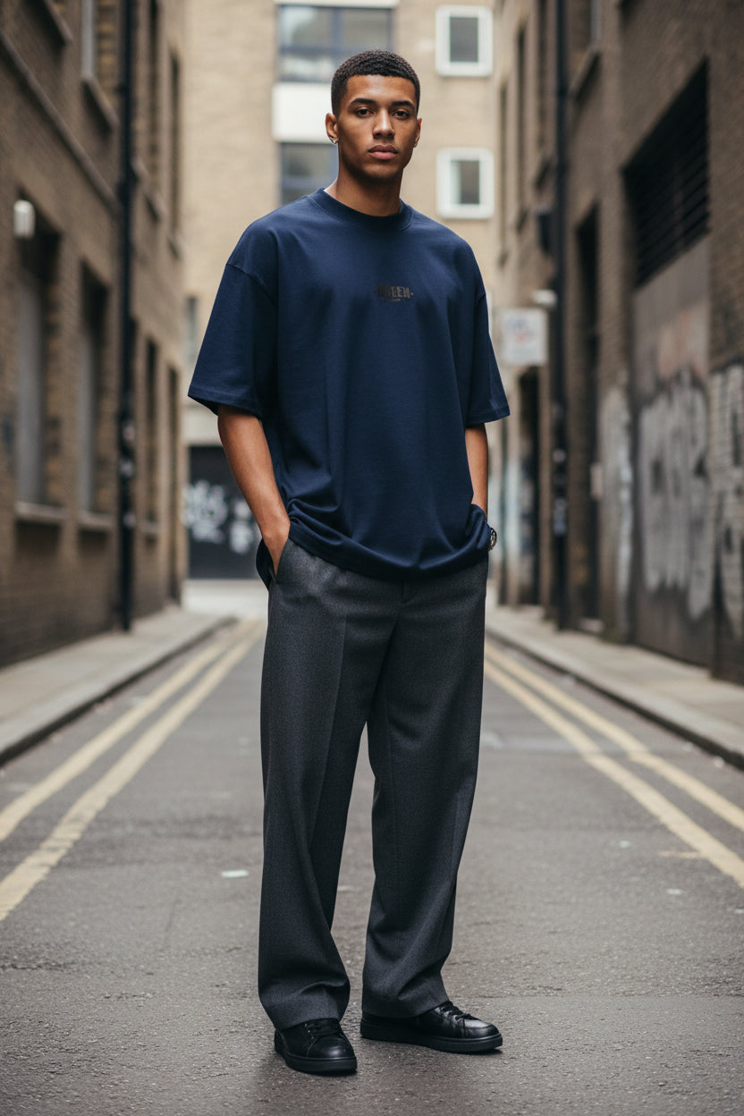 Unisex oversized Shadow High Neck Tee by Urban Fashion & Streetwear in French Navy organic cotton, front view.