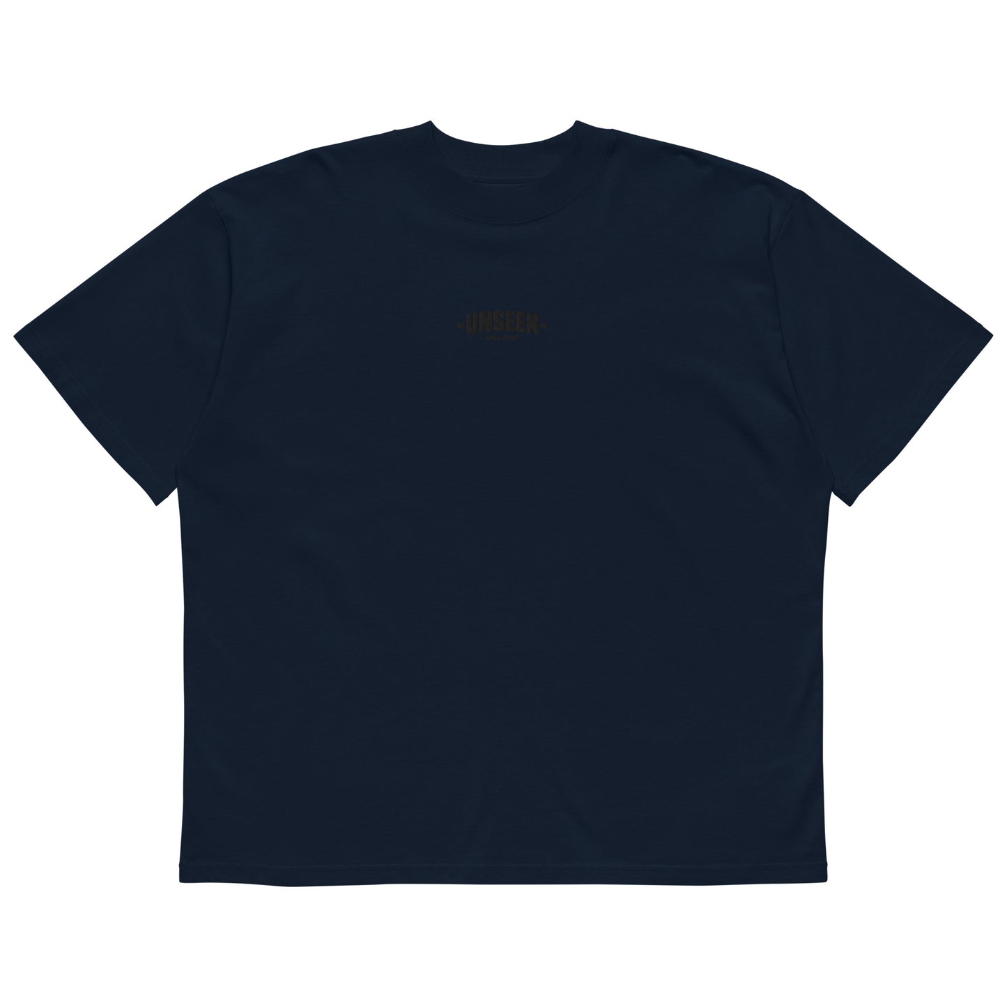 Unisex oversized Shadow High Neck T-shirt in organic cotton, navy color, with a high neckline and relaxed fit.