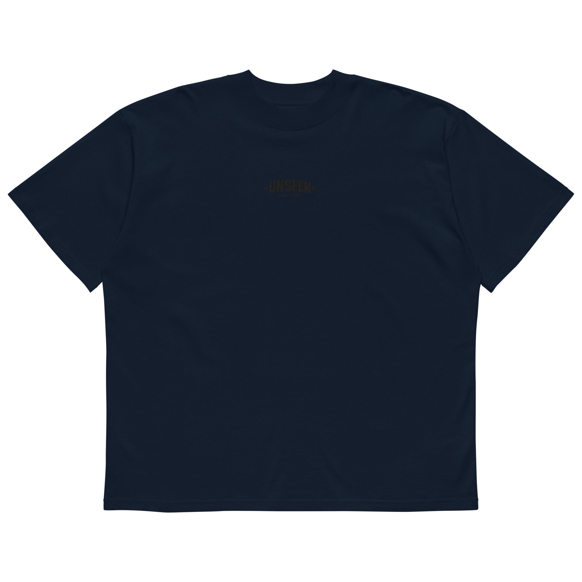 Unisex oversized Shadow High Neck T-shirt in organic cotton, navy color, with a high neckline and relaxed fit.