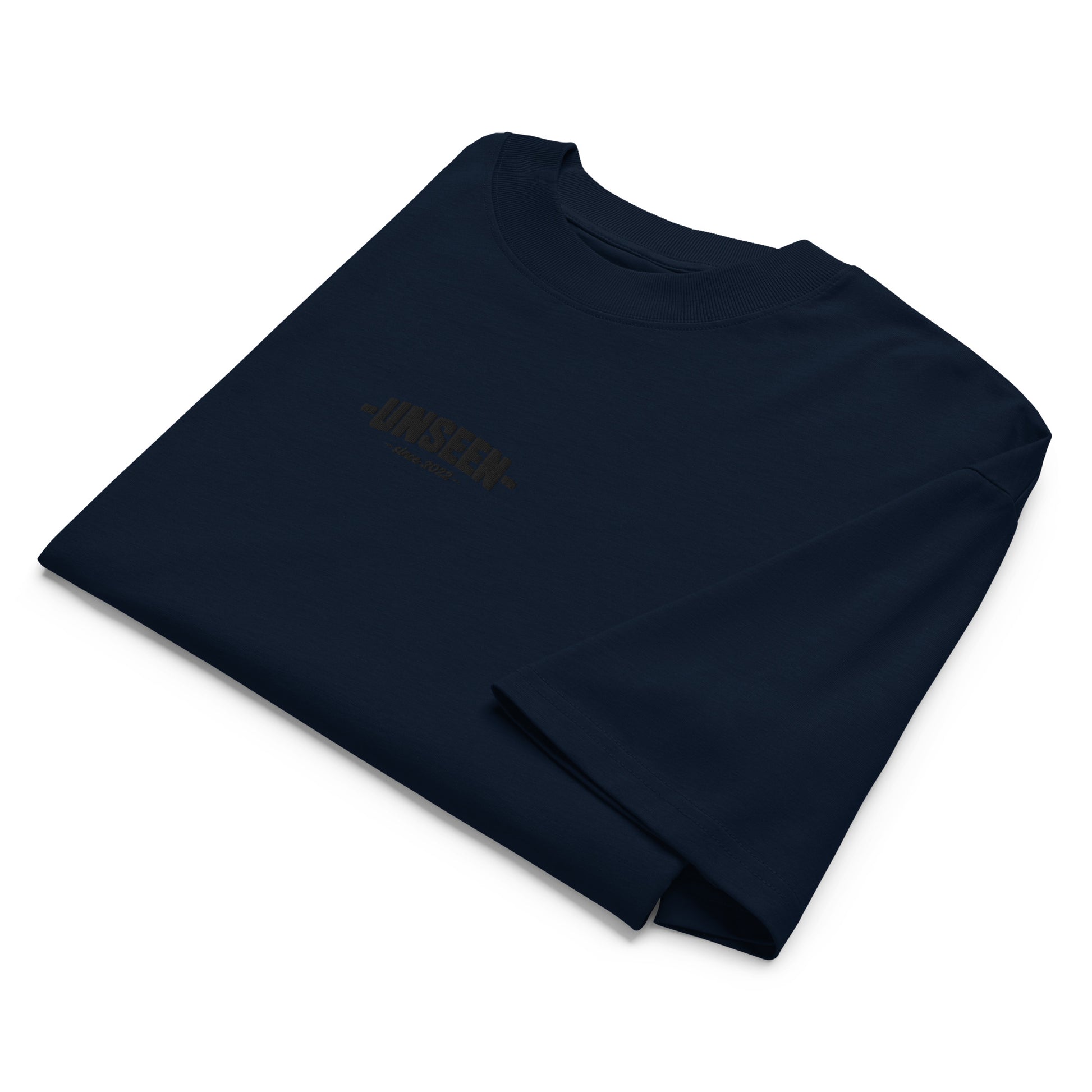 Unisex oversized Shadow High Neck T-shirt in organic cotton, navy blue, with a high neckline and relaxed fit.