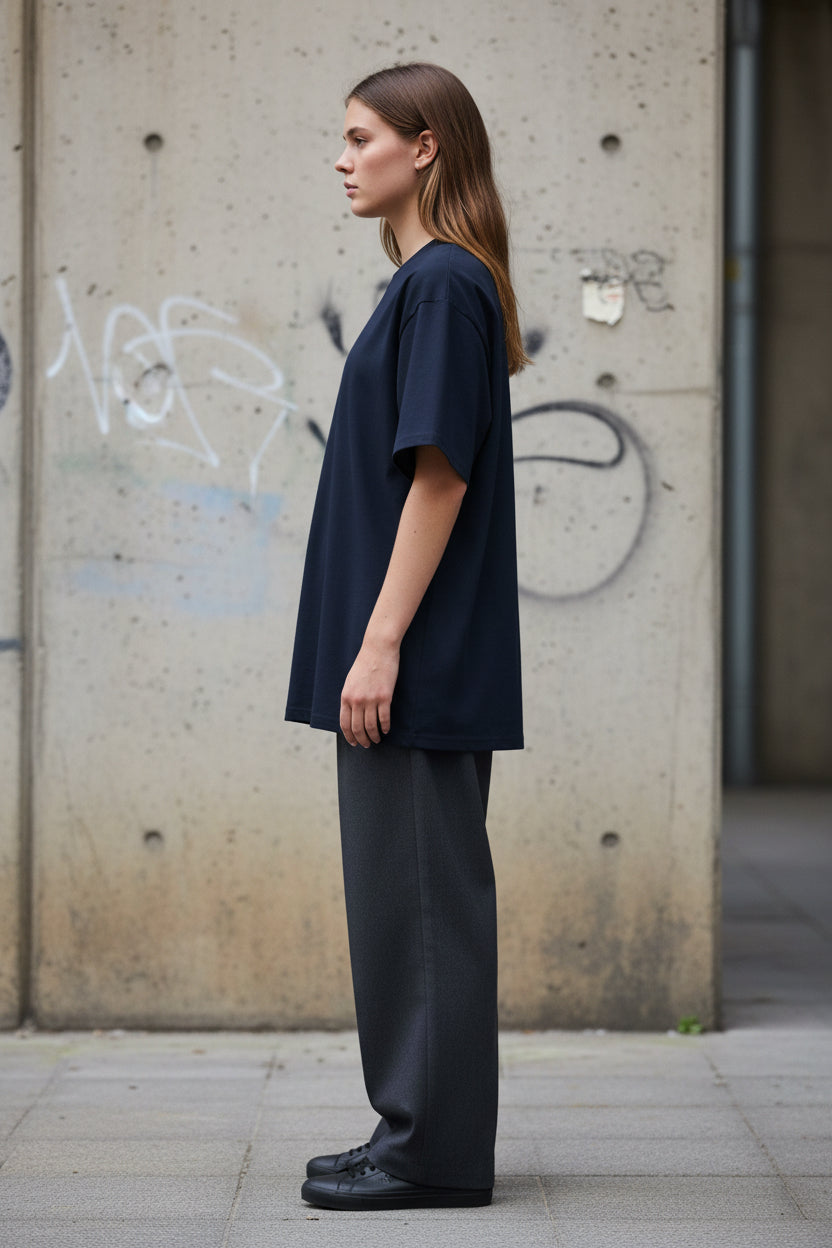 Unisex oversized organic cotton Shadow High Neck Tee in French Navy featuring a high neckline and relaxed fit.