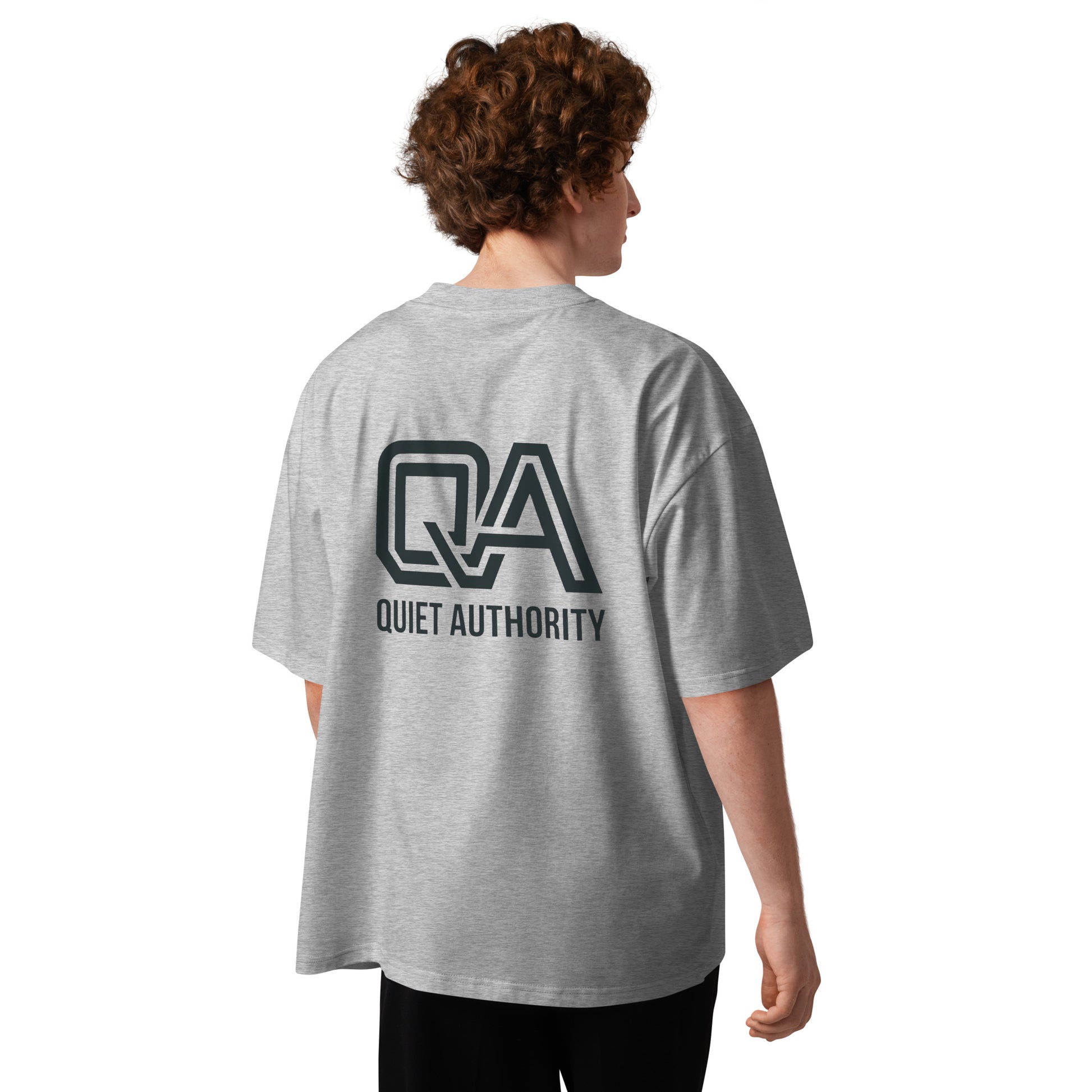 Unisex Craftklart Organic Oversized High Neck T-Shirt in heather grey with back design, GOTS-certified streetwear by Printify.
