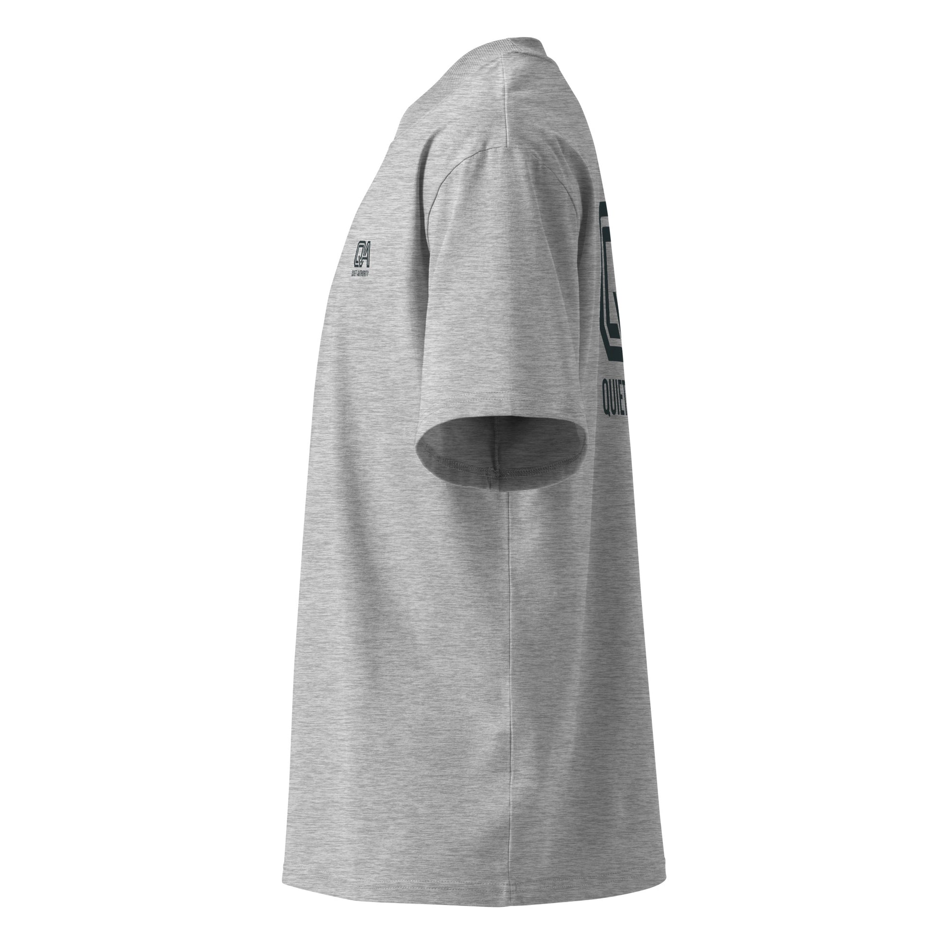 Unisex organic oversized high neck T-shirt by Printify in heather grey, featuring a relaxed fit and high neckline.