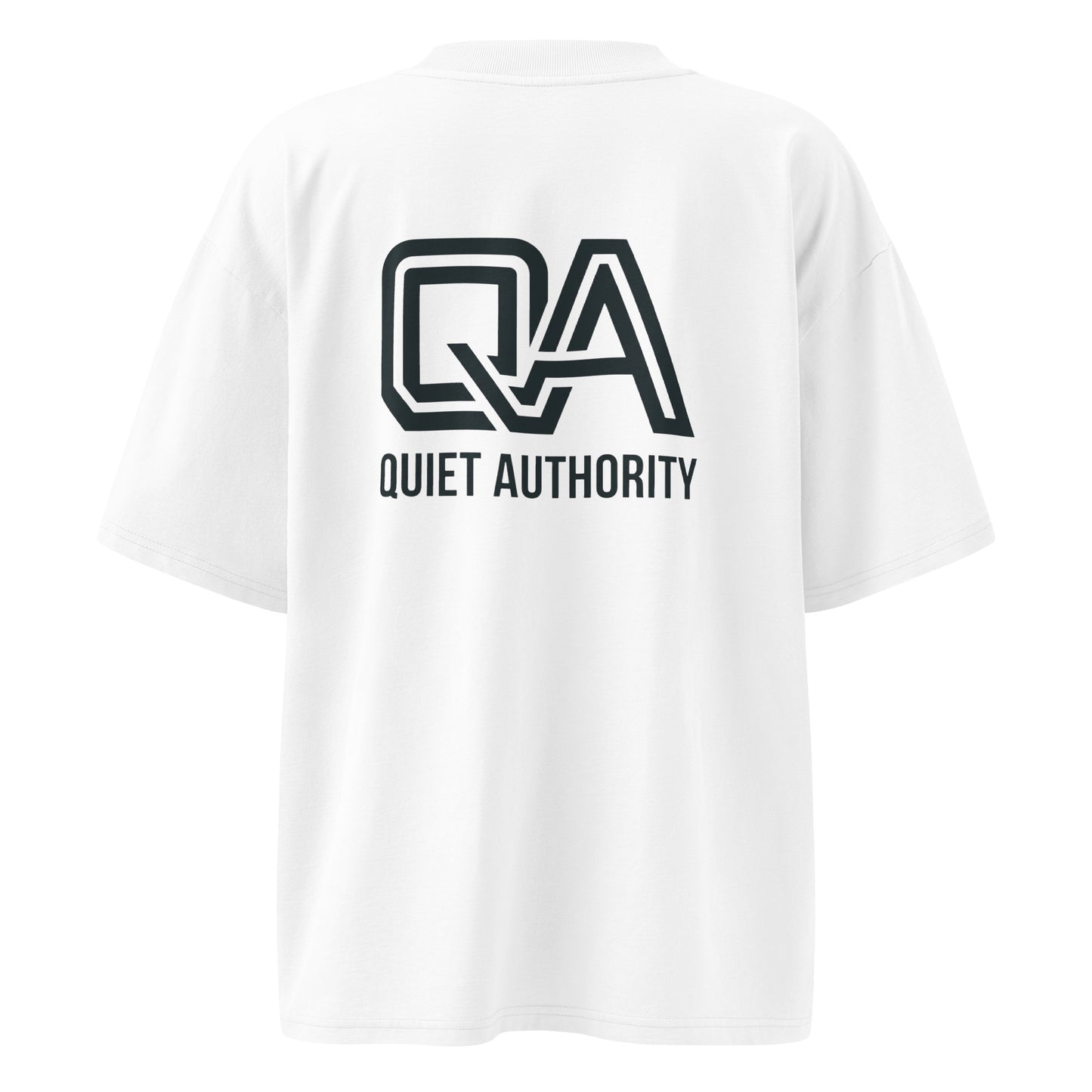 White unisex Craftklart Organic Oversized High Neck T-Shirt with back print, GOTS-certified streetwear by Printify.