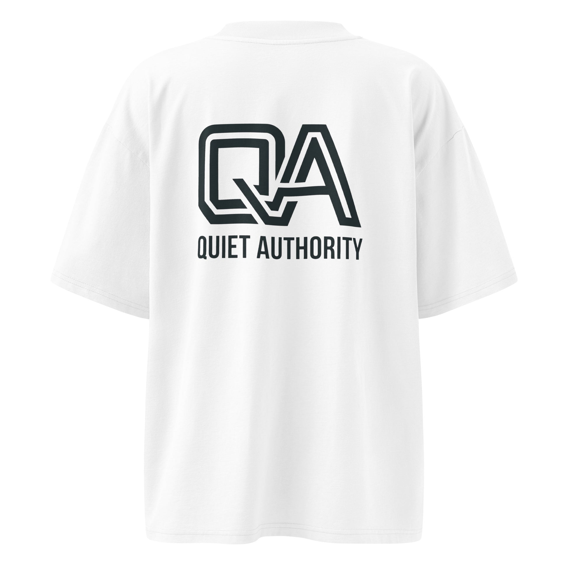 White unisex Craftklart Organic Oversized High Neck T-Shirt with back print, GOTS-certified streetwear by Printify.