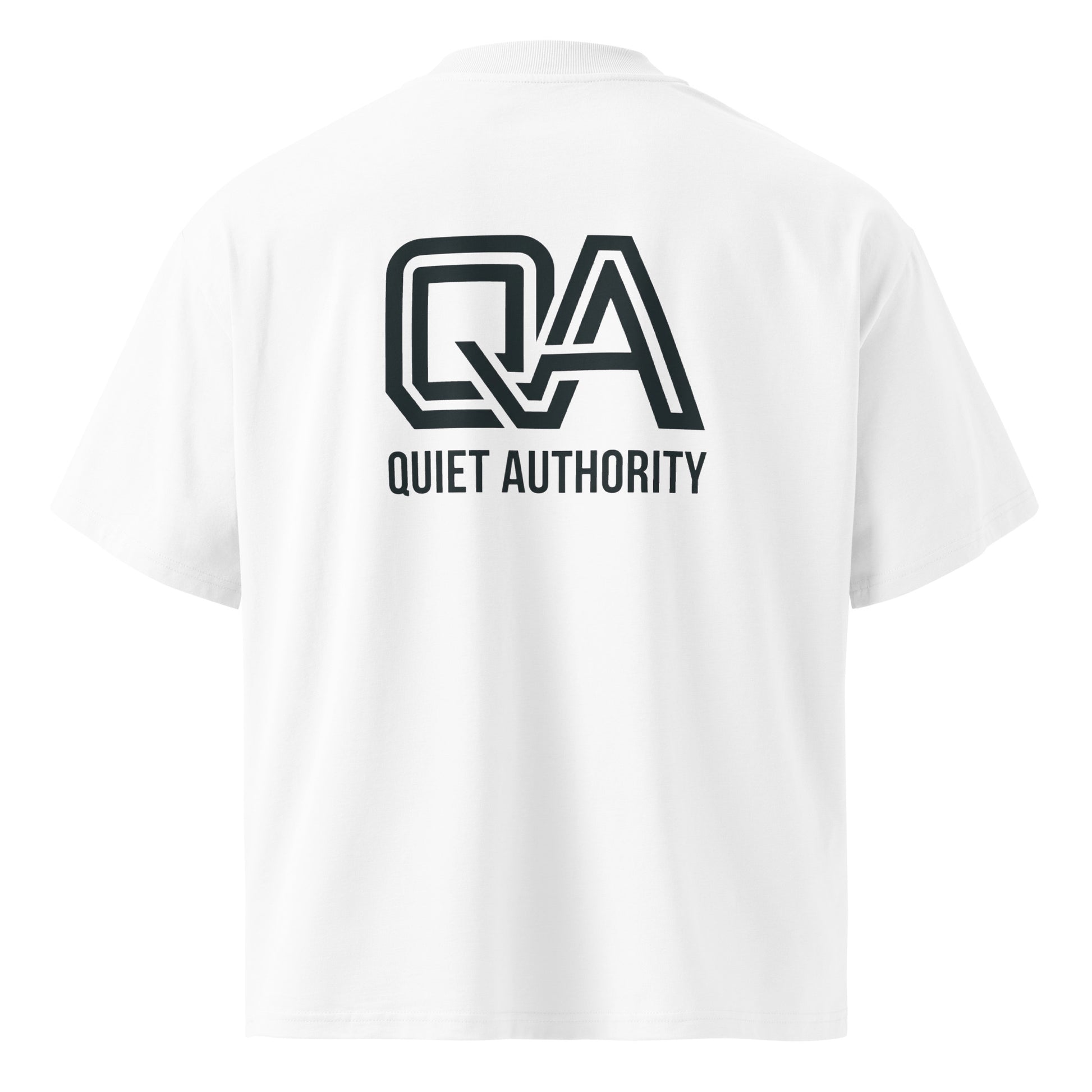 White unisex Craftklart Organic Oversized High Neck T-Shirt with back print, GOTS-certified streetwear by Printify.