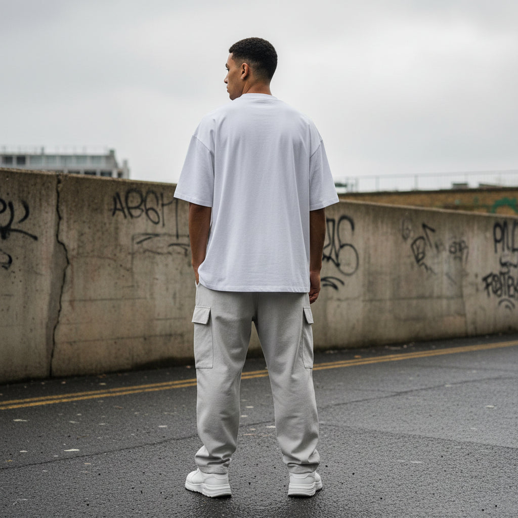 Unisex oversized white organic high-neck T-shirt from Craftklart with back design, casual streetwear style.